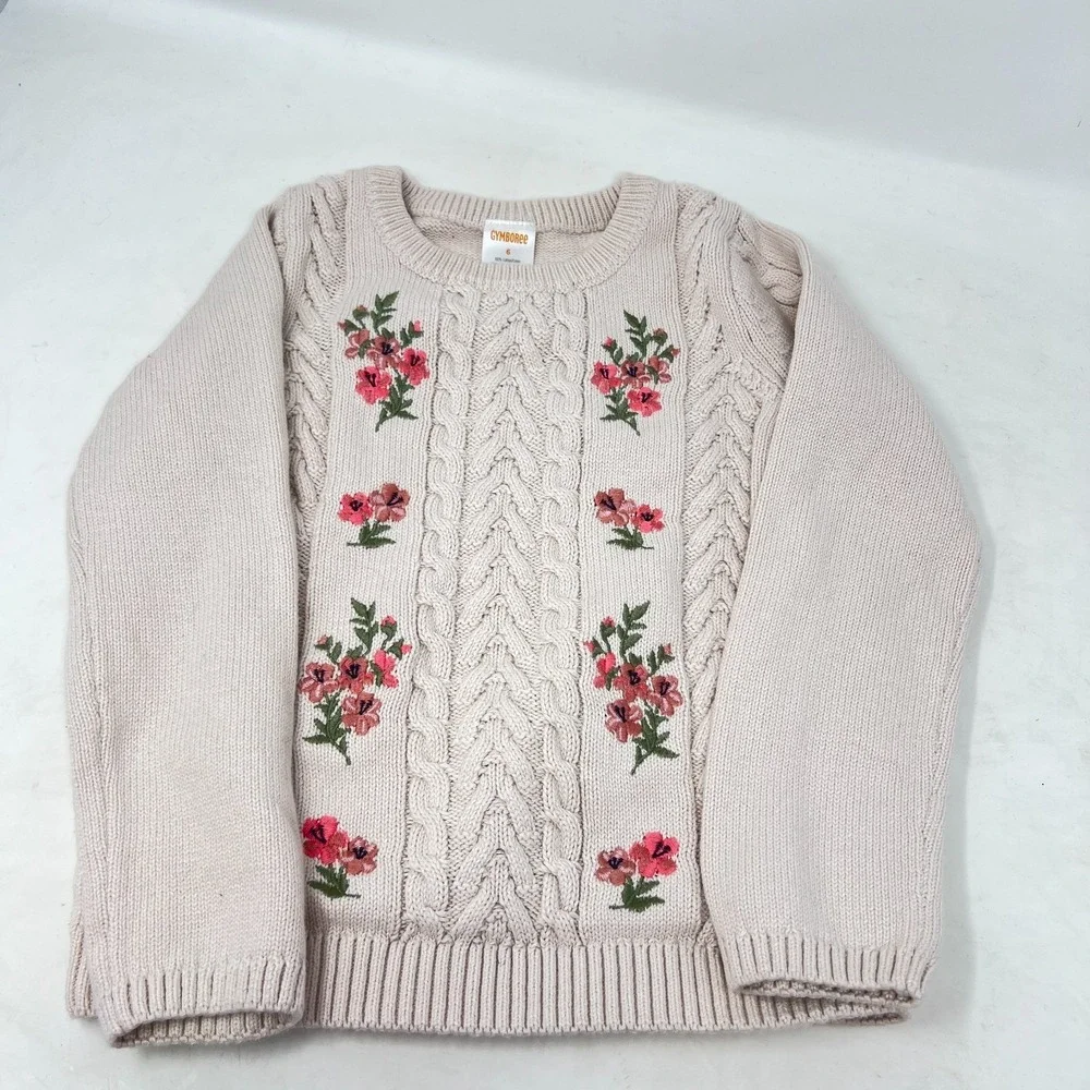 Gymboree Cotton Cable Knit Embroidered Sweater‎ Girls Size 6 Tan Cottagecore